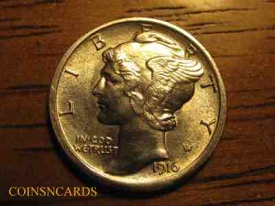1916-D Mercury Dime Lustrous Uncirculated Key Monster Full Split Bands Scarce!