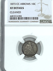 RARE----1873- CC NGC Arrows 10C Silver Dime XF Details Cleaned