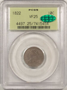 1822 CAPPED BUST DIME - PCGS VF-25, OLD GREEN HOLDER, VERY RARE!! CAC APPROVED!