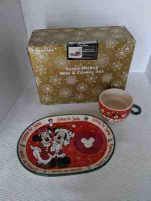Disney Parks Santa Mickey Mouse Milk & Cookie Plate & Cup Set in Original Box