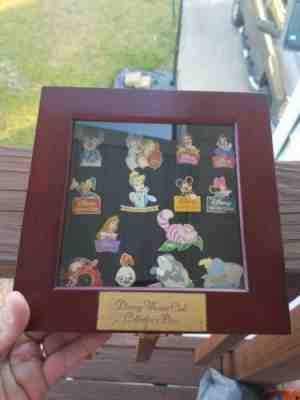 Disney Movie Club Pin Set W/ wooden display box & 14 pins Mickey Minnie mouse