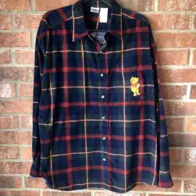 Disney Store Vtg Corduroy Button Up Pooh Shirt Red Green Plaid Long Sleeve XXL