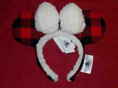 Disney Parks 2019 Christmas Red Plaid Fuzzy Flannel Minnie Ear Headband New