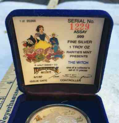 Disney RARITIES MINT - 1 Troy oz. SILVER - 6/1/87 - WITCH R1 - #1229 New In Box
