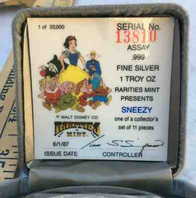 Disney RARITIES MINT - 1 Troy oz. SILVER - 6/1/87 - SNEEZY - #13810 New In Box