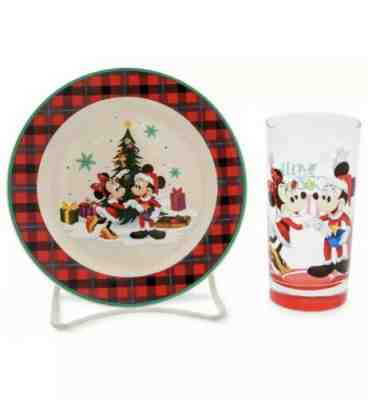 DISNEY PARKS Authentic Santa Mickey & Minnie Cookie Plate and Milk Glass Set NEW