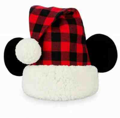 2019 Holiday Disney Mickey Mouse Plaid Santa Hat Ears Sherpa Brand New Tag NWT