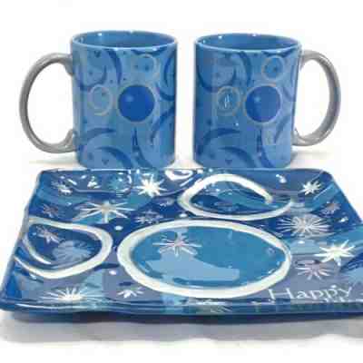 Disney Parks Mickey Mouse Happy Hanukkah Glass Plate And 2 Mug Set Blue Silver