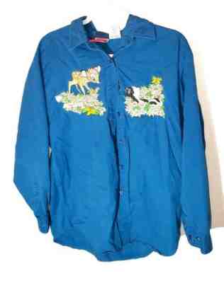 Vtg Mickey Inc Disney Embroidered Bambi Button Down Shirt Skunk Flower Large
