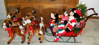 RARE Large Disney Mickey Mouse & Goofy Christmas Sleigh Sled w 4 Bambi Reindeer 