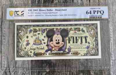 2005 A $50 Mickey Disney Dollar PCGS Banknote 64PPQ A00006534 Disneyland Low #