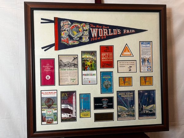 Framed Original 1964/1965 World's Fair MINT CONDITION pamphlets and Banner Flag