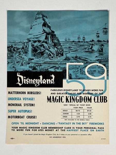 Ultra Rare 1959 DISNEYLAND MAGIC KINGDOM CLUB Matterhorn Monorail POSTER