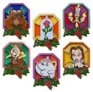 LE 100 Disney Beauty & the Beast Stained Glass Pin Set W/Original Packaging