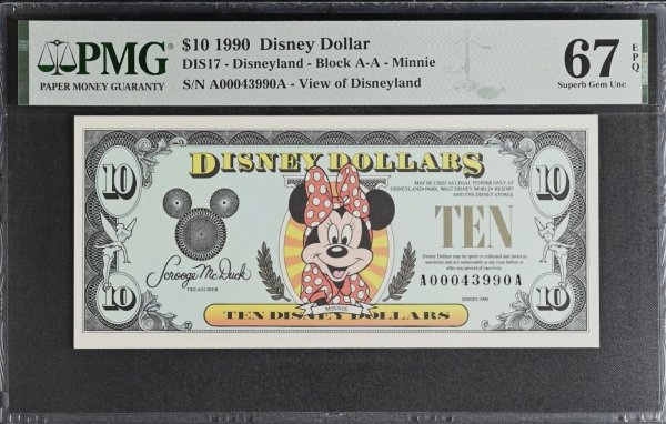 RARE 1990 A $10 Disney Dollar Minnie PMG 67EPQ DIS17 A00043990A ONLY 1 HIGHER