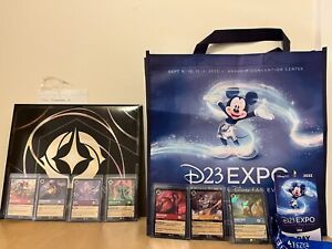 Disney D23 Expo Lorcana Set of 6 + Mickey Card ..Signed Cover ,D23 Lanyard/Bag