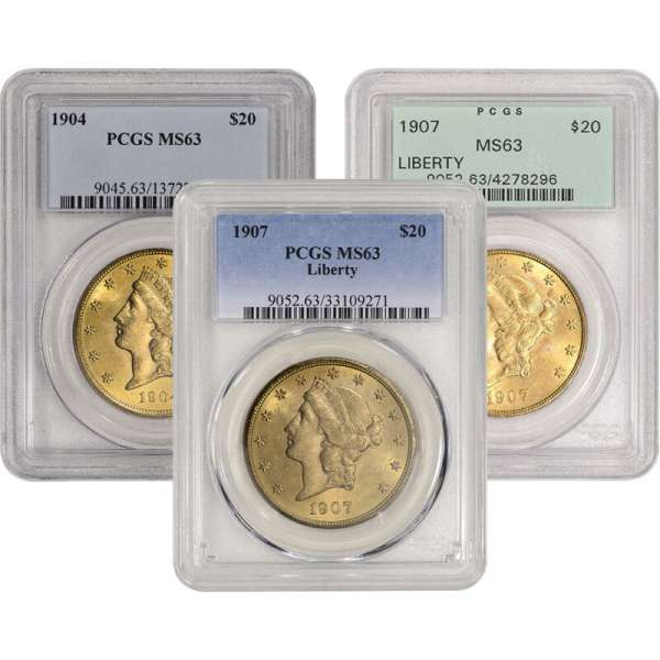 US Gold $20 Liberty Head Double Eagle - PCGS MS63 - Random Date and Label