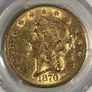 1870-S $20 Liberty Double Eagle Gold. PCGS AU58. CAC.