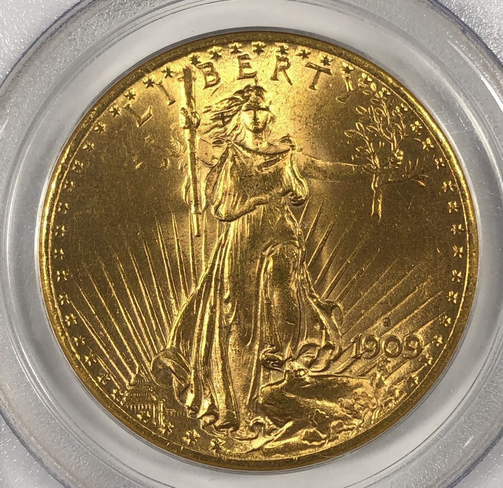 1909-S $20 Saint Gaudens Gold. PCGS MS 64.