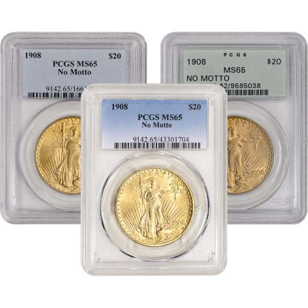 US Gold $20 Saint-Gaudens Double Eagle PCGS MS65 1908 No Motto Random Label