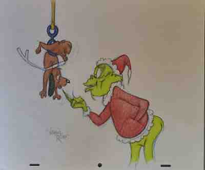 Virgil Ross Original Drawing The Grinch In Santa Suit and Max-Dr. Seuss