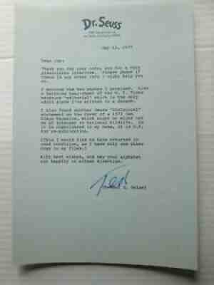 TED GEISEL, DR. SEUSS, SIGNATURE AND LETTER, PLUS TWO PHOTOS, MAY 12, 1977