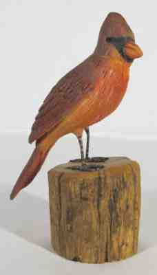 Vintage 1997 Cardinal F Bird Carving Decoy on Stump Bill Faix North E ...