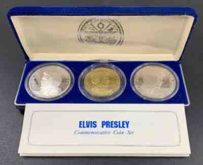 ELVIS PRESLEY 3 PC. COMMEMORATIVE COIN SET 1993 ORIGINAL CASE MARSHALL ISLANDS