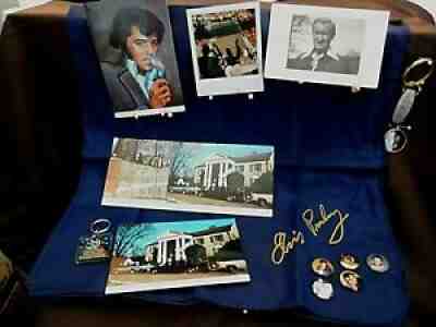 Elvis Presley's blue scarf, 5 pins, postcards, keyrings