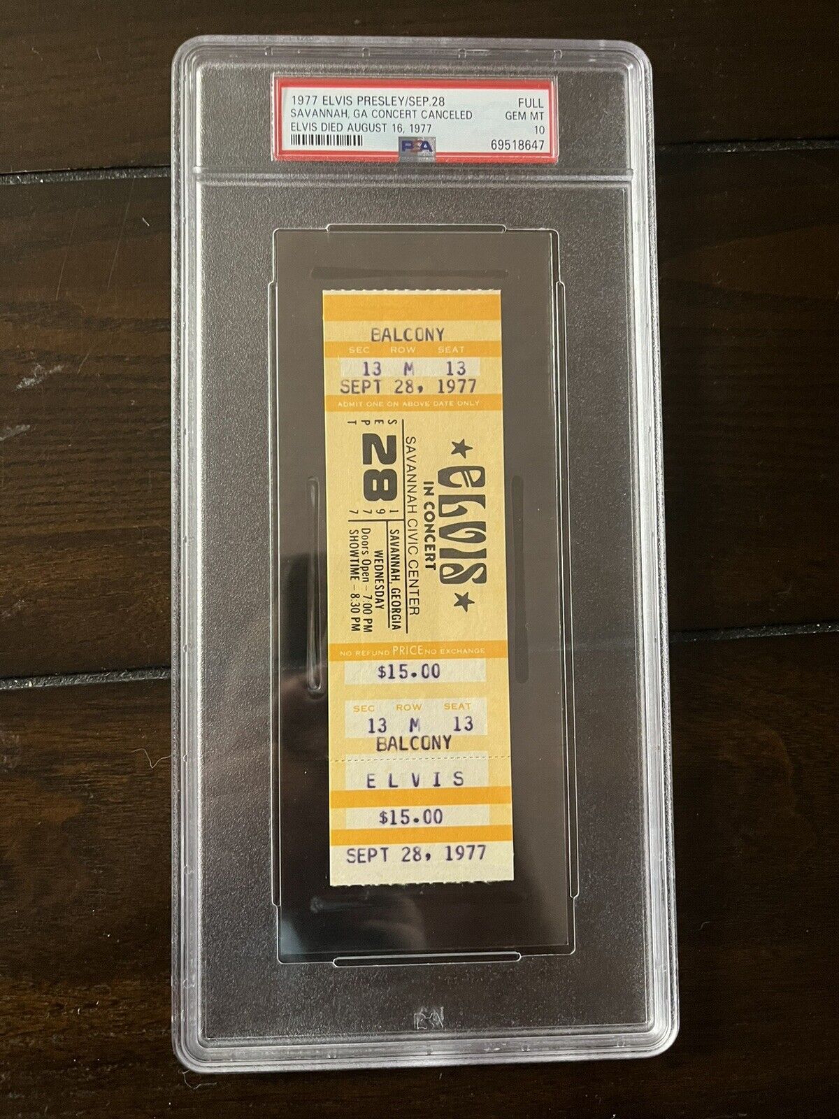 ELVIS PRESLEY CONCERT TICKET - Savannah GA  Elvis Died 8/16/77 -Gem PSA 10 Pop 1