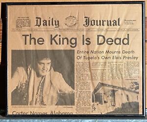 ELVIS 'THE KING IS DEAD’ 1977 hometown newspaper RARE ROCK’N'ROLL RELIC, FRAMED