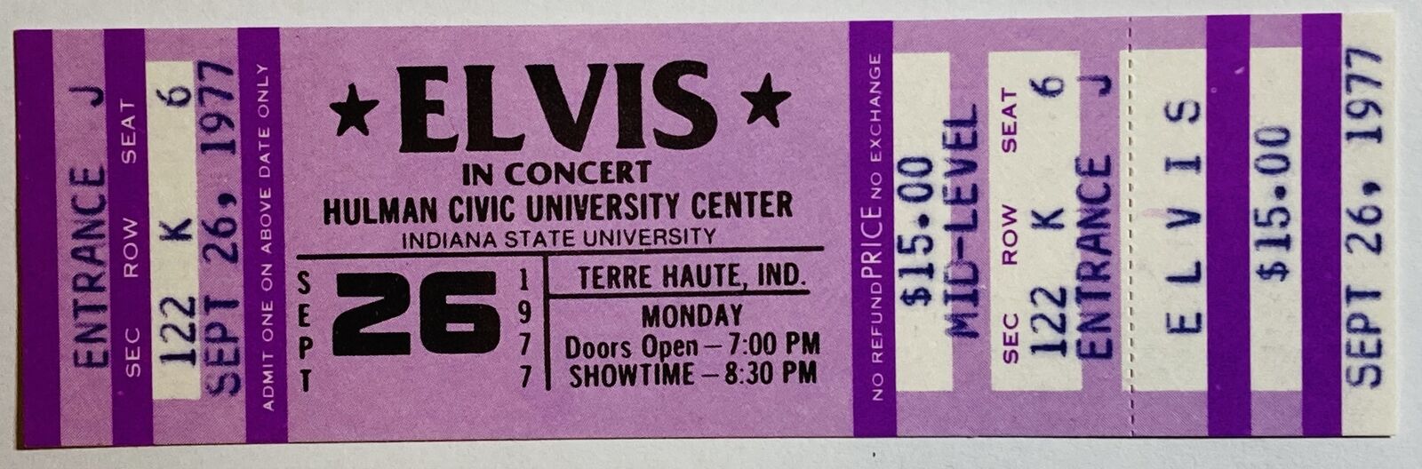 Elvis Presley Concert Ticket 1977 Orig Mint Unused Terre Haute IN Sept 26 P RARE