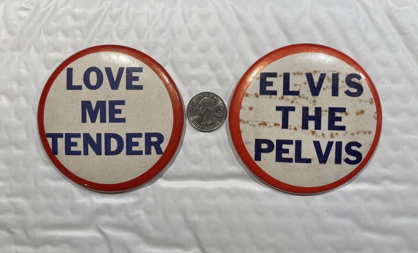 50s LOVE ME TENDER & THE PELVIS Elvis Presley Button Pin Pair 3 1/2 inches RARE