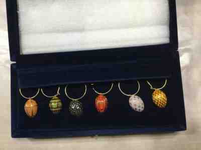 Faberge Set of 6 Enamel Egg Wine Glass Charms Velvet blue Box Item #88