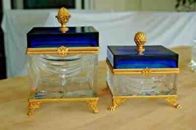 FABERGE CRYSTAL SWAG CRYSTAL BOXES Cobalt & Clear Crystal 24k Gold-plated PAIR