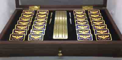 Imperial Dominoes, Cribbage by House of Faberge 24K Gold Plated, Blue Enamel