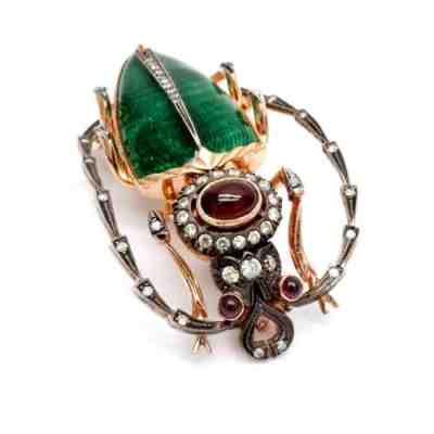FABERGE Era Russian Brooch Pin Gold Diamond Guilloche Enamel Beetle Romanov Tsar