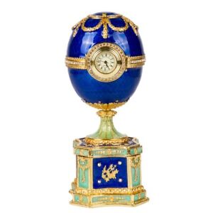 Kelch Chanticleer Faberge Egg Replica Music Jewelry Box with Clock, Blue Egg