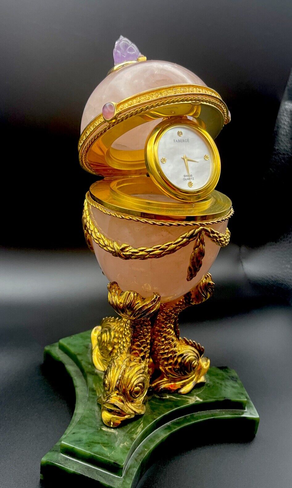 Authentic Imperial Faberge Empire ~ Rose Quartz Clock Egg ~ Signed  w/COA & Box