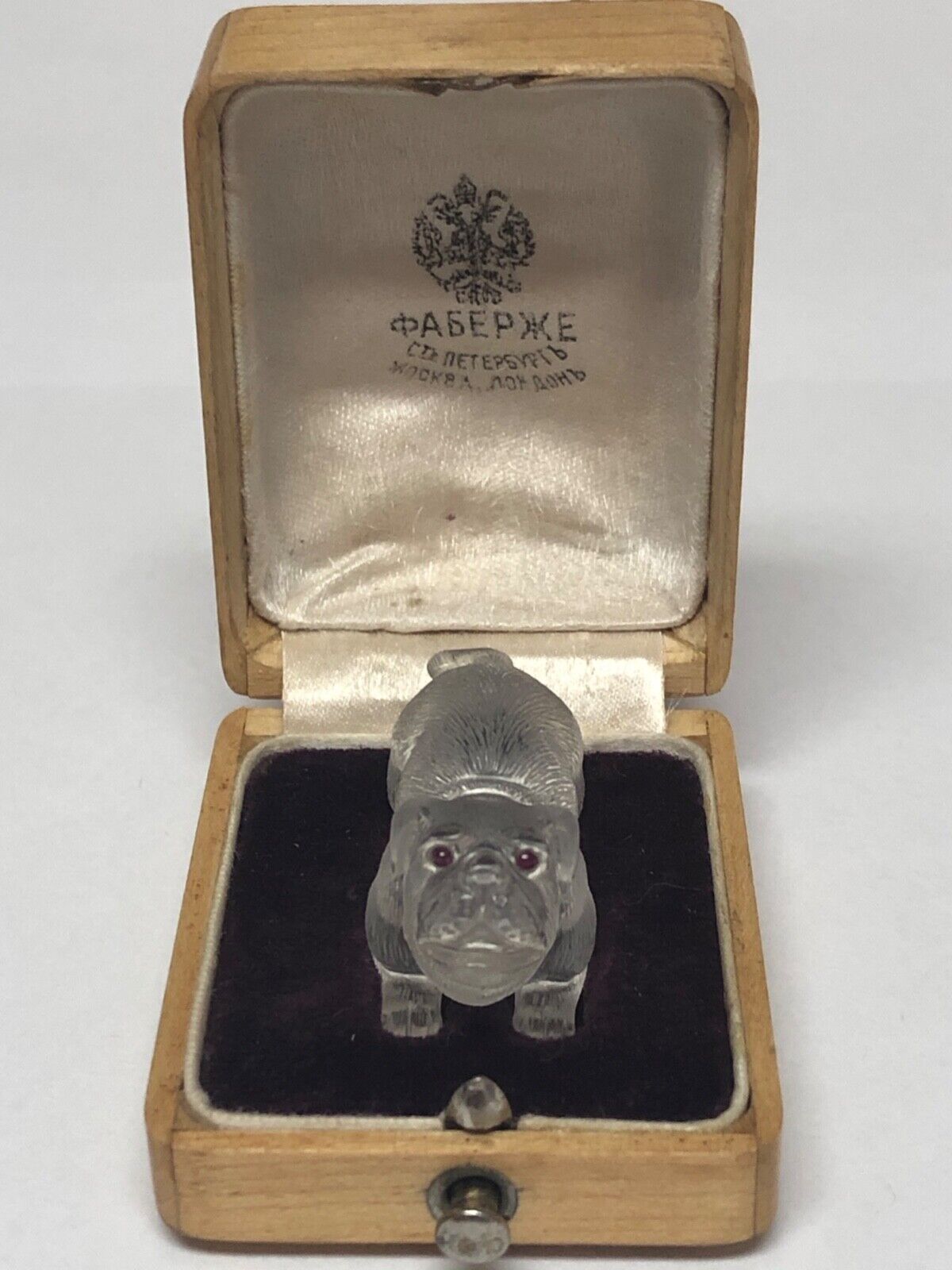 Faberge antique carved rock crystal dog figurine with ruby eyes