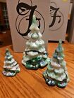 VERY RARE NEW! Fenton Green Iridized Marbling Set Of 3 Christmas Trees A-203