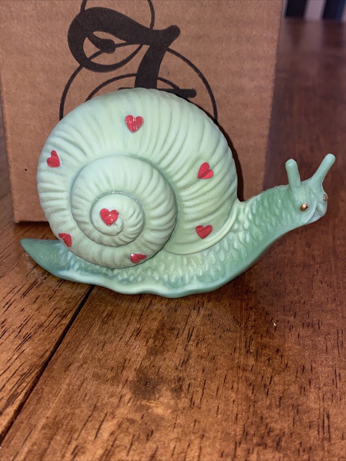 Fenton Green Satin Snail With Red Hearts
