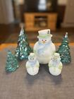 Fenton Satin-Finish Blue&Green Trim Coat Snowman Fairy Light Lamp HP Signed 7 Pc