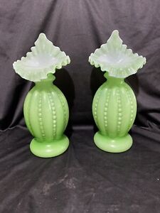 Fenton Glass Rare Pair Beaded Melon Jack In The Pulpit Vases