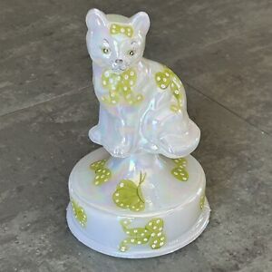 OOAK Fenton Art Glass Opal Iridescent Sitting Cat On Font Figurine HP Bows