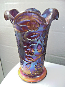 FENTON -  RUBY RED CARNIVAL STRETCH RAISED FLOWERS/PEACOCK VASE - STUNNING!!