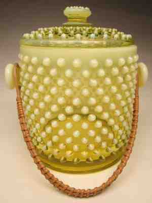 RARE Vintage Fenton Hobnail Topaz Opalescent Covered Cookie Jar Vaseline #389TO