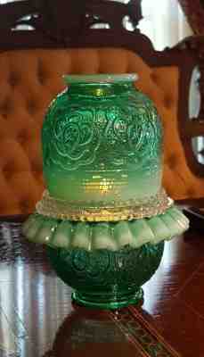 1980 FENTON Fairy Lamp GREEN Persian Medallion VASELINE Uranium 75th Anniversary