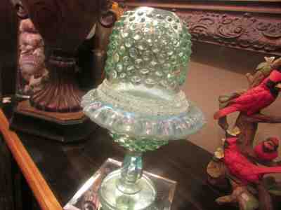 BEAUTIFUL  RARE  FENTON 3 PC PEDESTAL GREEN HOBNAIL FAIRY LAMP STANDS 9 1/2 TAL