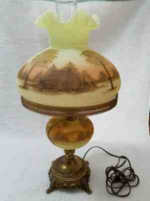 FENTON ARTIST SIGNED LOG CABIN TABLE LAMP